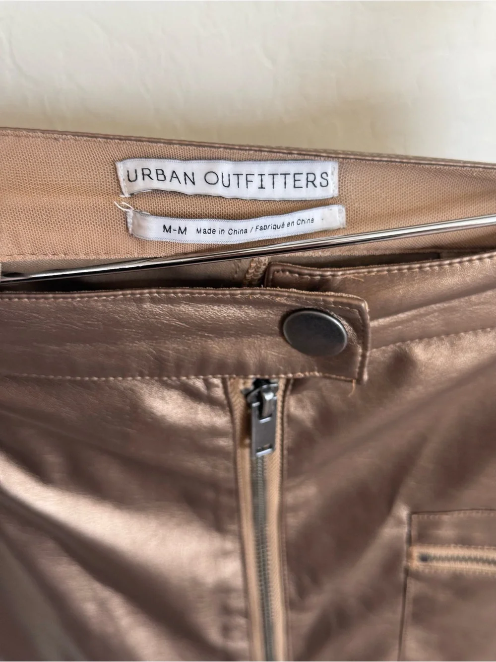 Urban Outfitters Bronze Metallic Faux Leather Zip-Front Mini Skirt Size M Y2K